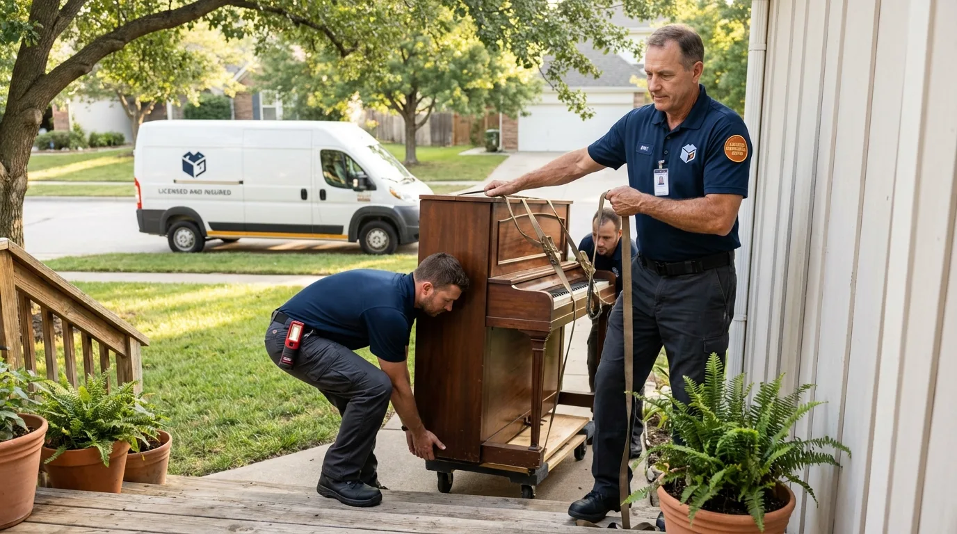 Licensed piano movers securing grand piano in Kittredge, CO