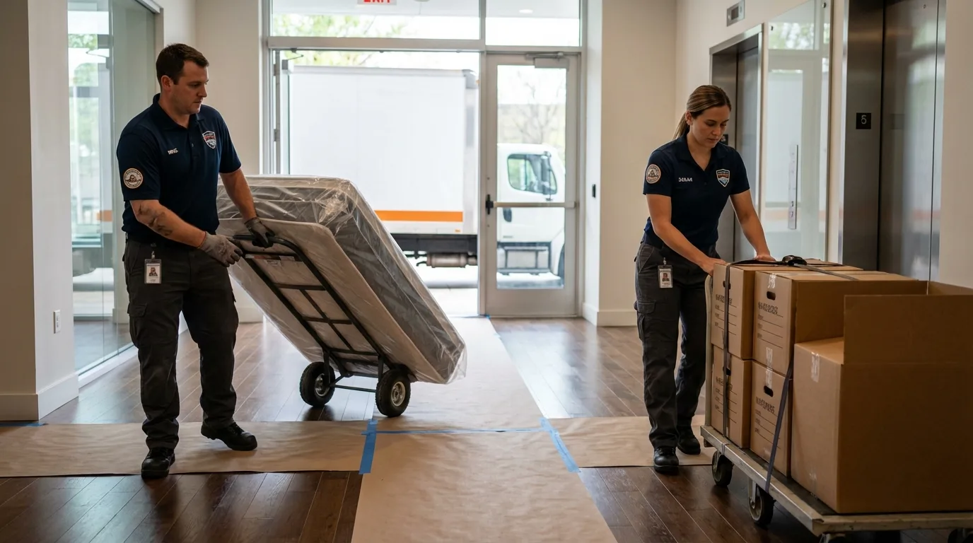 Professional apartment movers loading elevator in Kittredge, CO